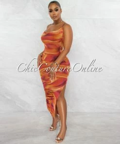 Chic Couture Online Frendie Rust Tie-Dye Mesh Drape Slit Maxi Sheer Dress