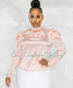 Chic Couture Online Audrina Pink Leopard Print Silky Bubble Sleeves Blouse