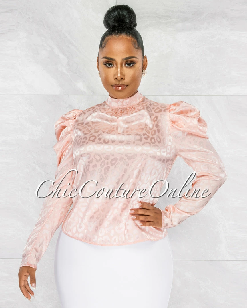 Chic Couture Online Audrina Pink Leopard Print Silky Bubble Sleeves Blouse