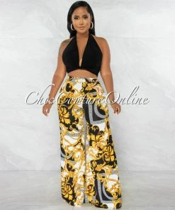 Chic Couture Online JUST IN Nehara Black Crop Top & Brocade Print Wide Pants Set