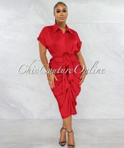 Vendor-unknown Valley Red Drape Self-Tie Belt Shirt Midi Dress JUST IN
