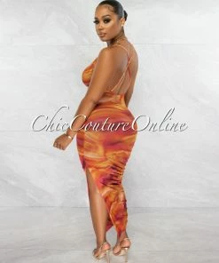 Chic Couture Online Frendie Rust Tie-Dye Mesh Drape Slit Maxi Sheer Dress