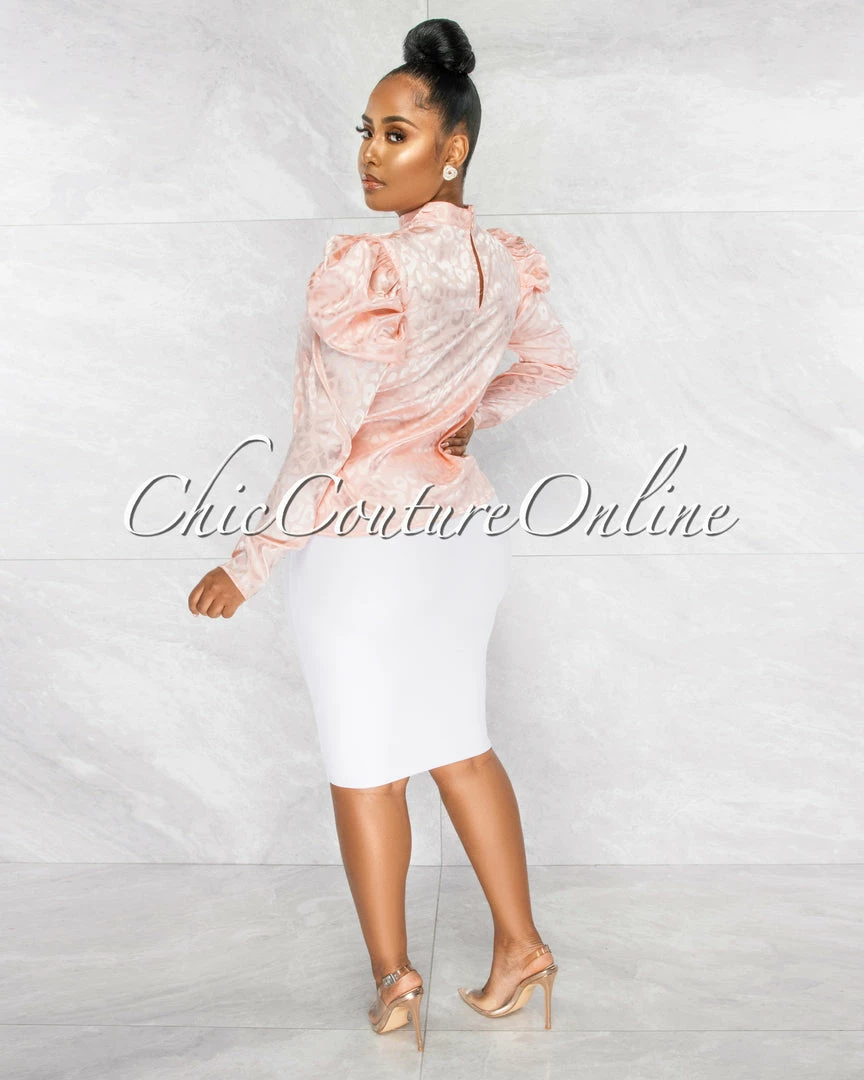 Chic Couture Online Audrina Pink Leopard Print Silky Bubble Sleeves Blouse