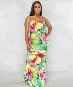 Chic Couture Online Blair Green Fuchsia Floral Print Lace-Up Back Maxi Dress