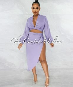 Vendor-unknown Larrie Lavender Drape Top & Slit Skirt Satin Set