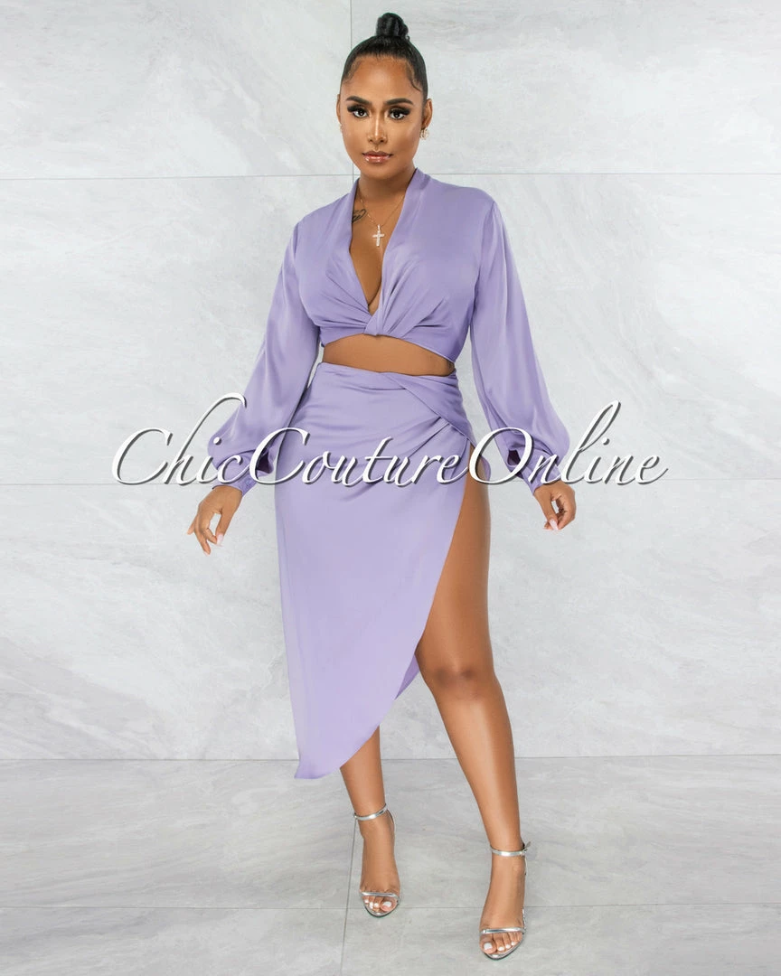 Vendor-unknown Larrie Lavender Drape Top & Slit Skirt Satin Set
