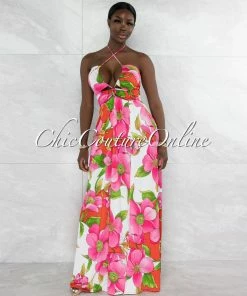 Vendor-unknown Haldana Pink Floral Print Bust Lace-Up Maxi Dress JUST IN