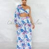 Chic Couture Online JUST IN Boston White Blue Floral Crop Top & Wide Pleated Pants Set