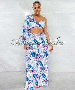 Chic Couture Online JUST IN Boston White Blue Floral Crop Top & Wide Pleated Pants Set