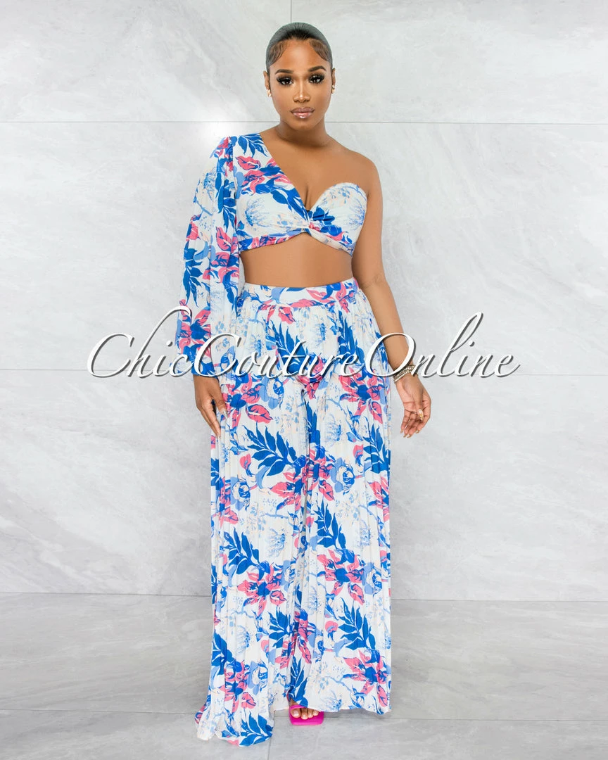 Chic Couture Online JUST IN Boston White Blue Floral Crop Top & Wide Pleated Pants Set