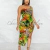 Vendor-unknown Heladia Green Palm Print Sheer Single Shoulder Midi Dress JUST IN
