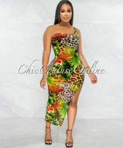 Vendor-unknown Heladia Green Palm Print Sheer Single Shoulder Midi Dress JUST IN