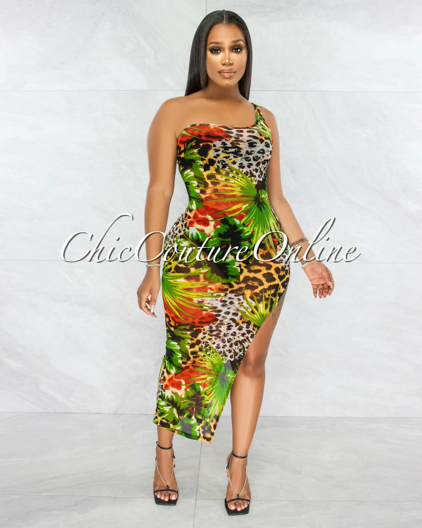 Vendor-unknown Heladia Green Palm Print Sheer Single Shoulder Midi Dress JUST IN
