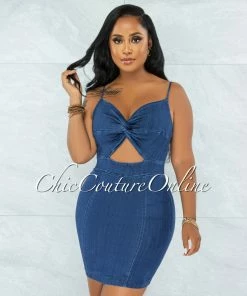 Vendor-unknown JUST IN Sigrid Dark Denim Knot Top Cut-Out Mini Dress