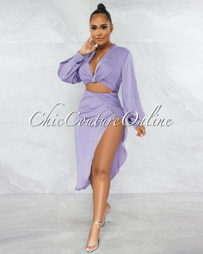 Vendor-unknown Larrie Lavender Drape Top & Slit Skirt Satin Set