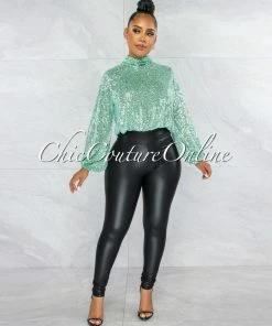 Vendor-unknown Marvesa Mint Sequins Drape Crop Top