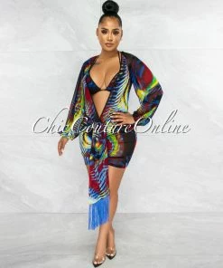 Vendor-unknown Tatiana Navy Blue Red Print Cover-Up 3 Piece Swimsuit Set