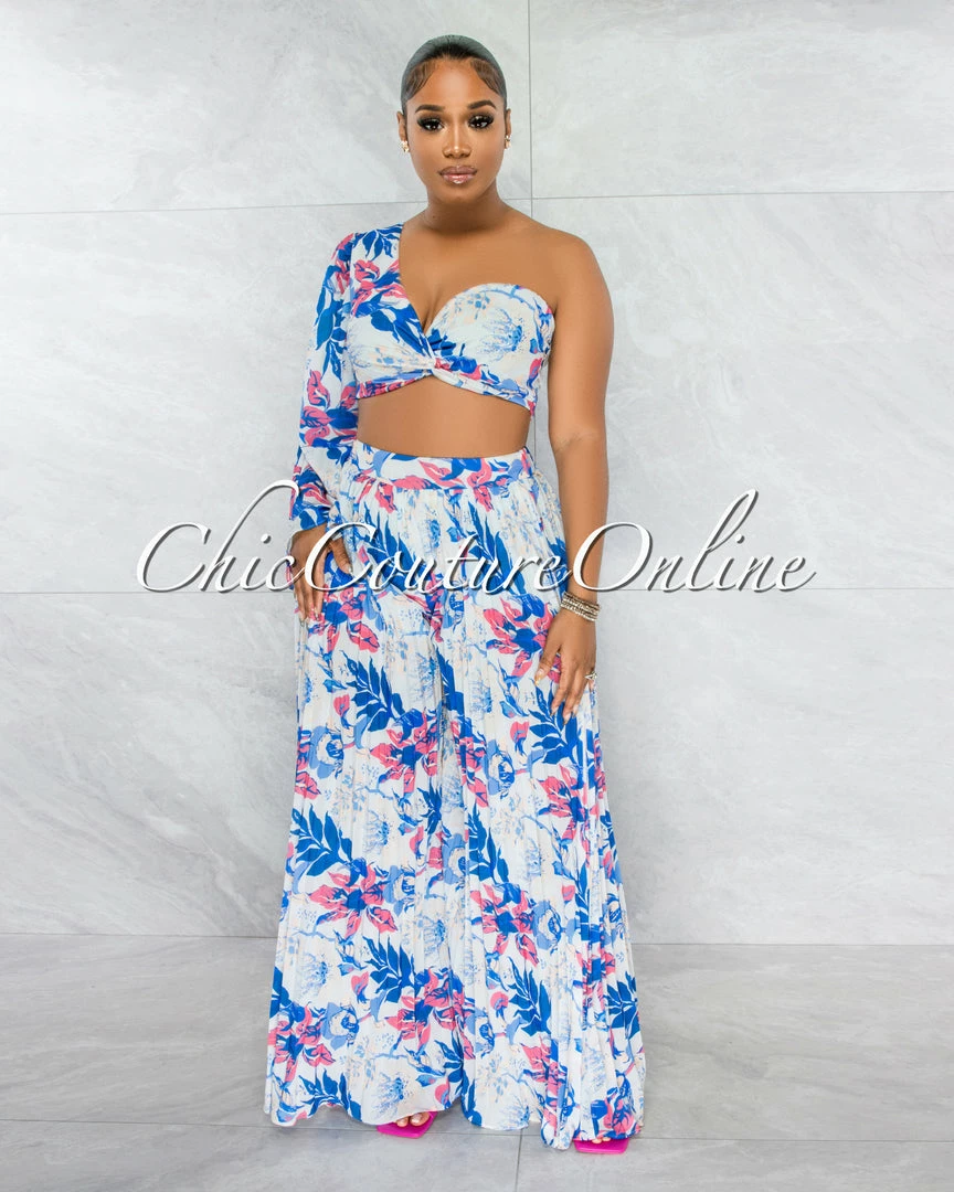 Chic Couture Online JUST IN Boston White Blue Floral Crop Top & Wide Pleated Pants Set