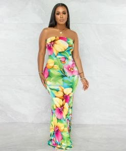 Chic Couture Online Blair Green Fuchsia Floral Print Lace-Up Back Maxi Dress