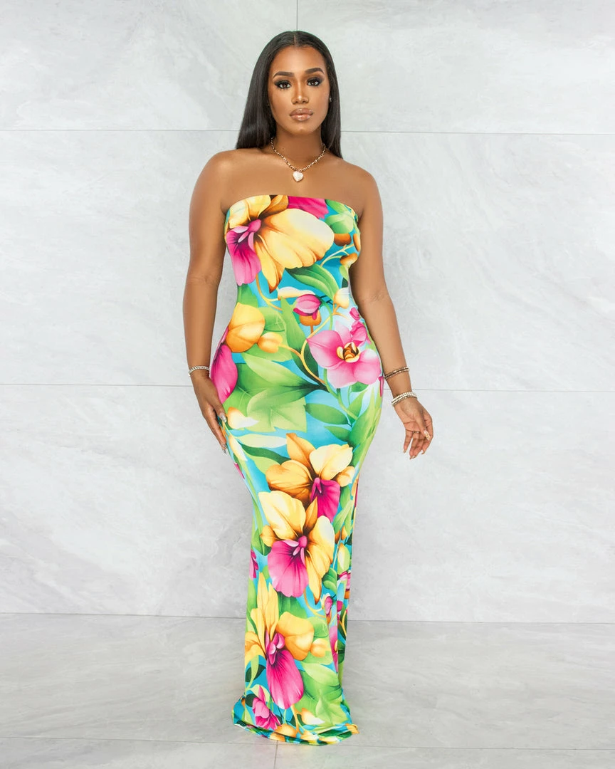 Chic Couture Online Blair Green Fuchsia Floral Print Lace-Up Back Maxi Dress