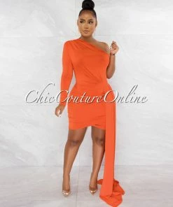 Chic Couture Online Cameo Orange Single Sleeve Long Strap Accent Dress JUST IN