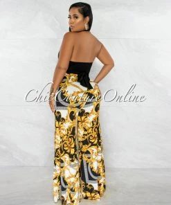 Chic Couture Online JUST IN Nehara Black Crop Top & Brocade Print Wide Pants Set