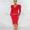 Vendor-unknown JUST IN Johana Red Draped Bubble Sleeves & Belt Midi Dress