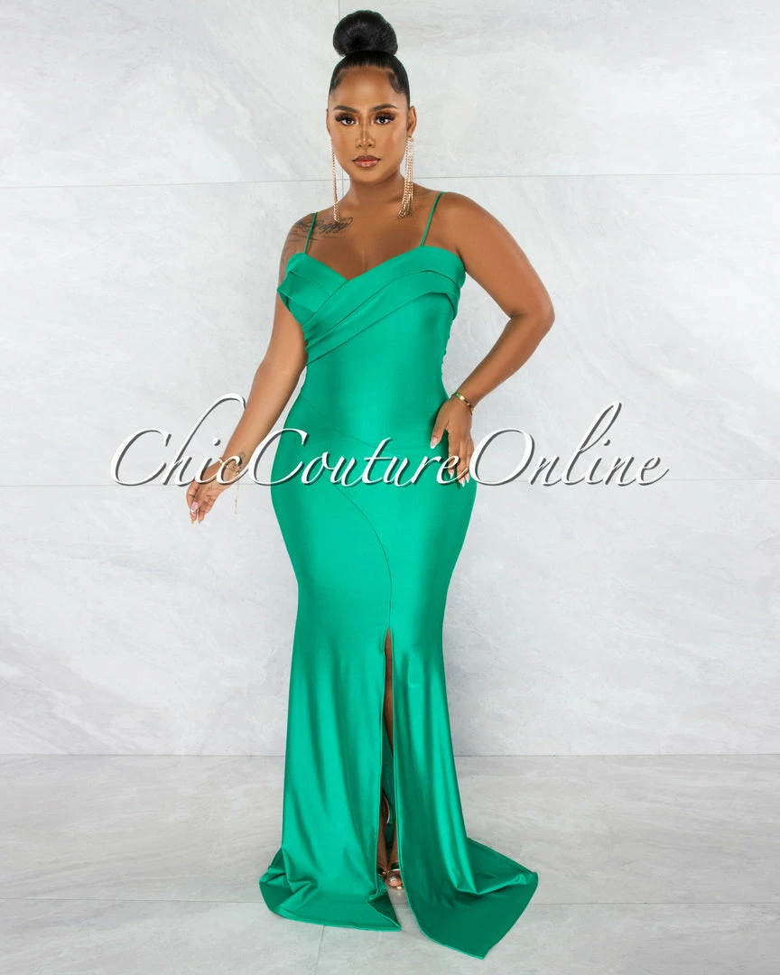 Chic Couture Online Klaus Kelly Green Off-The Shoulders Side Slit Maxi Dress