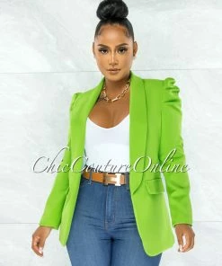 Chic Couture Online JUST IN Dorcas Kelly Green Bubble Sleeves Boyfriend Long Blazer