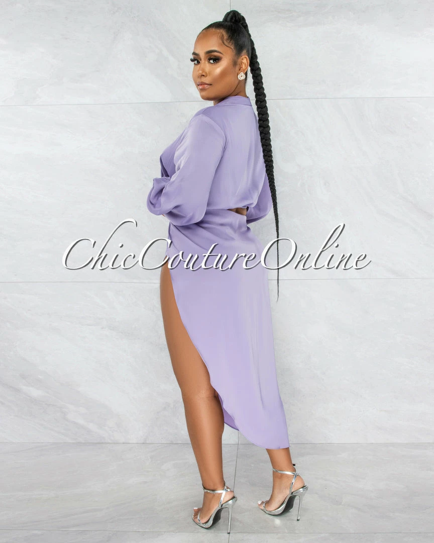 Vendor-unknown Larrie Lavender Drape Top & Slit Skirt Satin Set