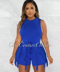 Chic Couture Online Granier Royal Blue Bodysuit & Fringe Shorts Set JUST IN