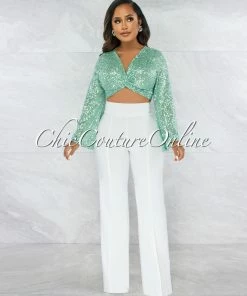 Vendor-unknown Winder Mint Green Sequin Front Knot Crop Top