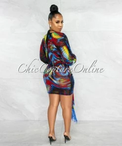 Vendor-unknown Tatiana Navy Blue Red Print Cover-Up 3 Piece Swimsuit Set