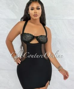 Vendor-unknown JUST IN Variya Black Keyhole Mesh Rhinestones Mini Dress