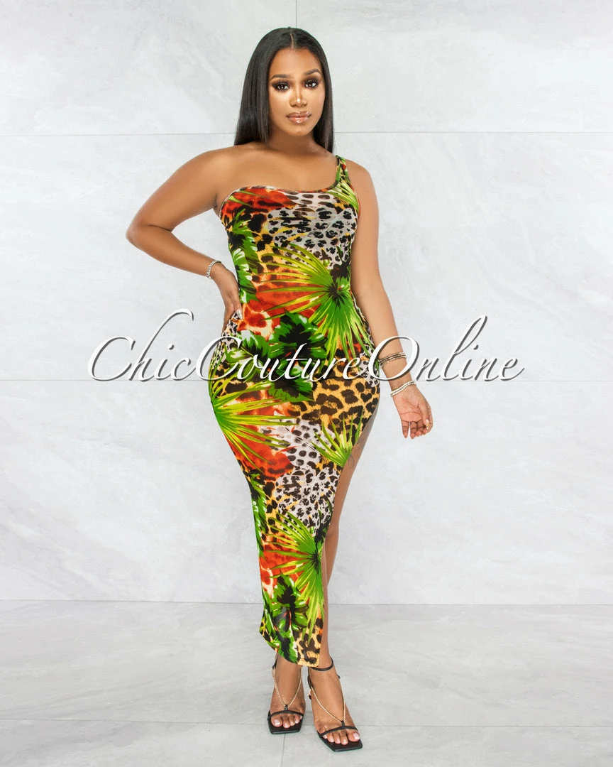 Vendor-unknown Heladia Green Palm Print Sheer Single Shoulder Midi Dress JUST IN