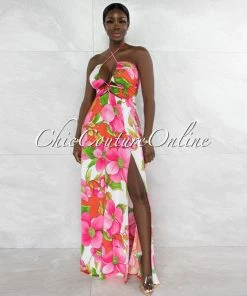 Vendor-unknown Haldana Pink Floral Print Bust Lace-Up Maxi Dress JUST IN