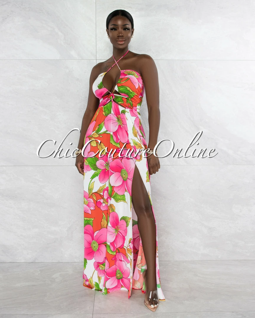 Vendor-unknown Haldana Pink Floral Print Bust Lace-Up Maxi Dress JUST IN