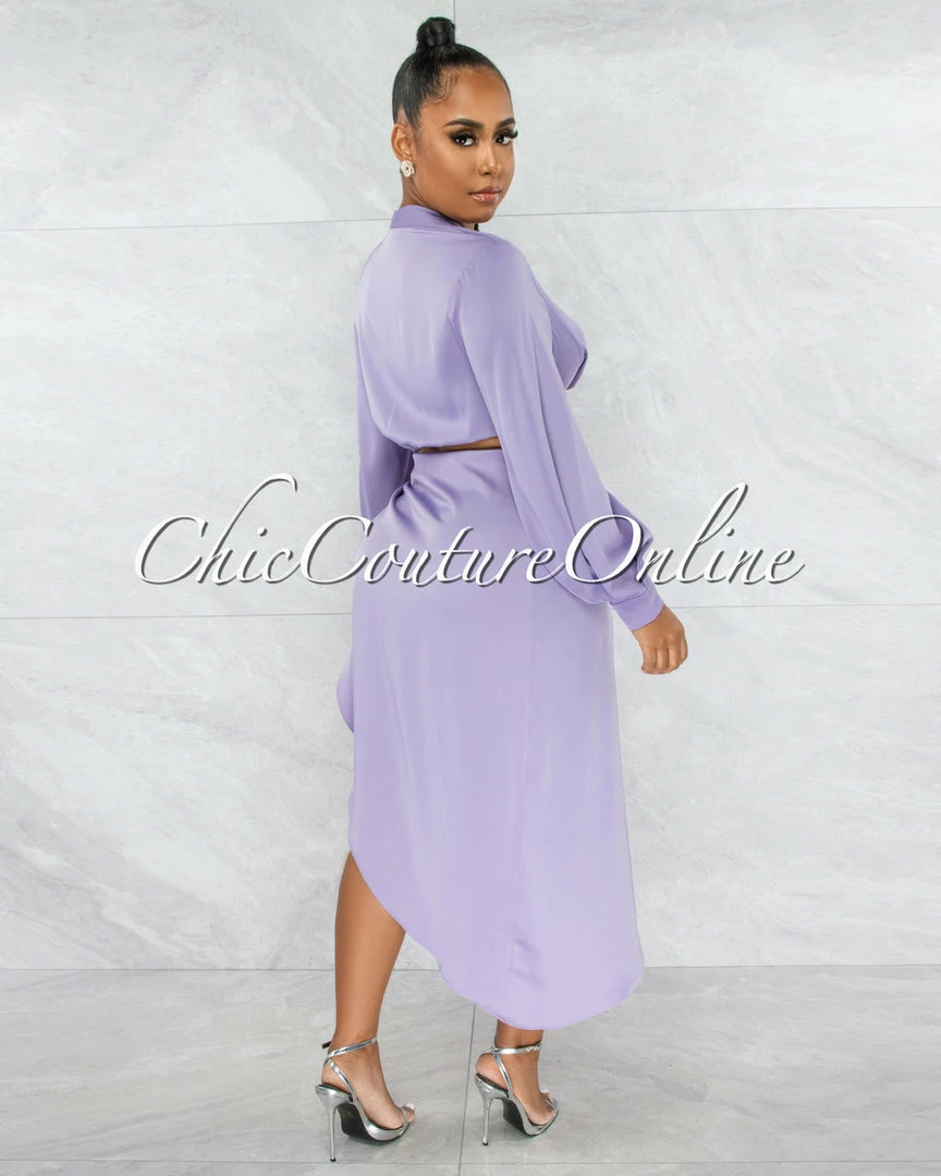 Vendor-unknown Larrie Lavender Drape Top & Slit Skirt Satin Set