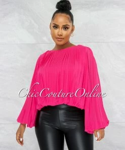 Vendor-unknown JUST IN Larenta Hot Pink Pleated Long Sleeves Top