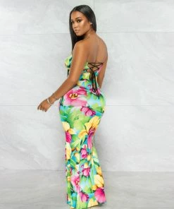 Chic Couture Online Blair Green Fuchsia Floral Print Lace-Up Back Maxi Dress