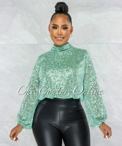 Vendor-unknown Marvesa Mint Sequins Drape Crop Top