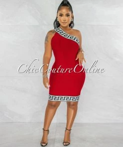 Chic Couture Online Rokka Red White Black Fret Print Strapless Bandage Dress
