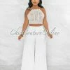 Vendor-unknown Lidie White Crochet Top Wide Legs Pants Set