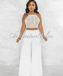 Vendor-unknown Lidie White Crochet Top Wide Legs Pants Set