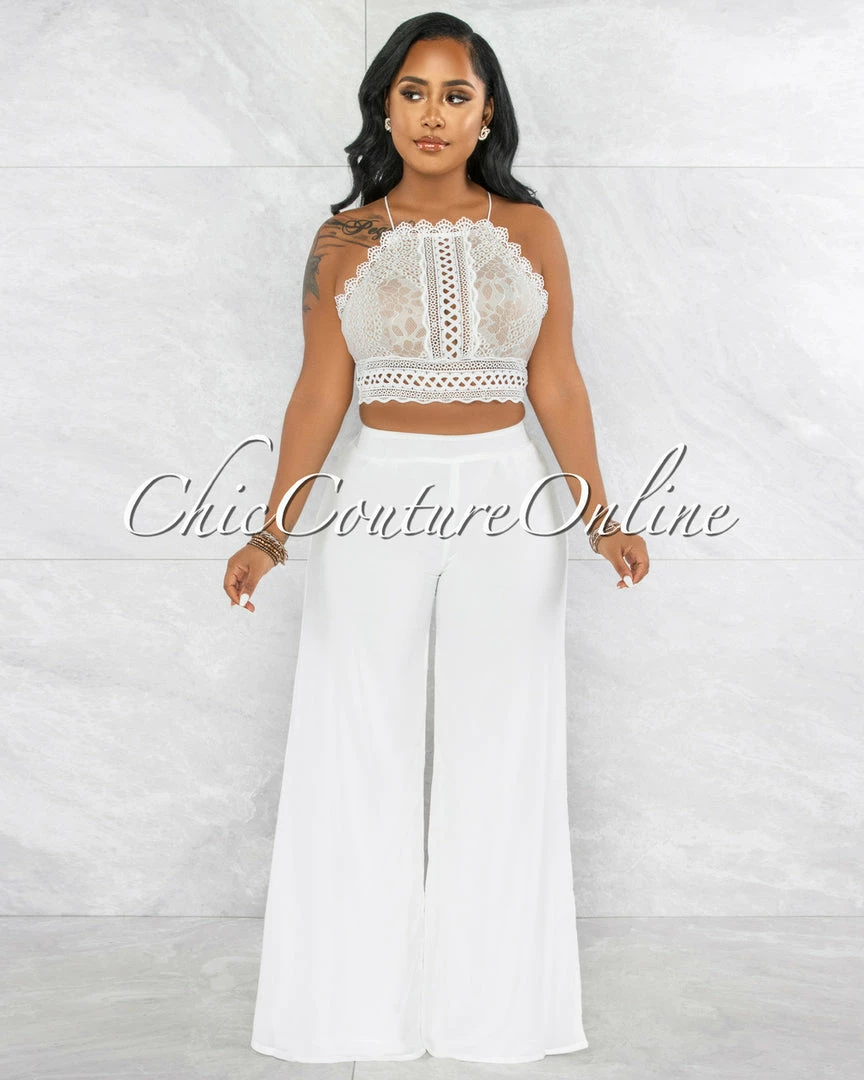 Vendor-unknown Lidie White Crochet Top Wide Legs Pants Set