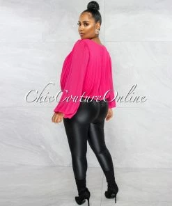 Vendor-unknown JUST IN Larenta Hot Pink Pleated Long Sleeves Top