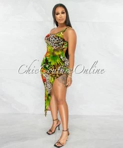 Vendor-unknown Heladia Green Palm Print Sheer Single Shoulder Midi Dress JUST IN