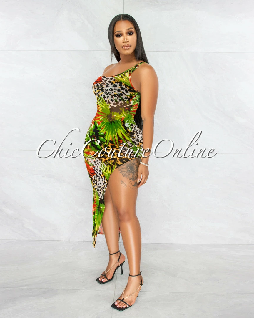 Vendor-unknown Heladia Green Palm Print Sheer Single Shoulder Midi Dress JUST IN
