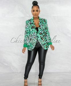 Vendor-unknown Leesha Green Leopard Print Boyfriend Blazer JUST IN