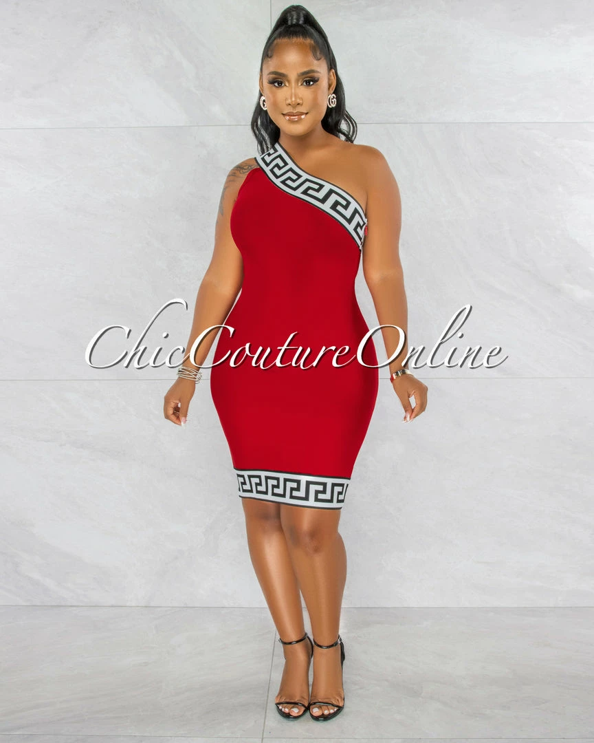 Chic Couture Online Rokka Red White Black Fret Print Strapless Bandage Dress